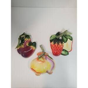 Vintage 3 Hand Painted Ceramic Onion Strawberries Egg Plant Wall Art